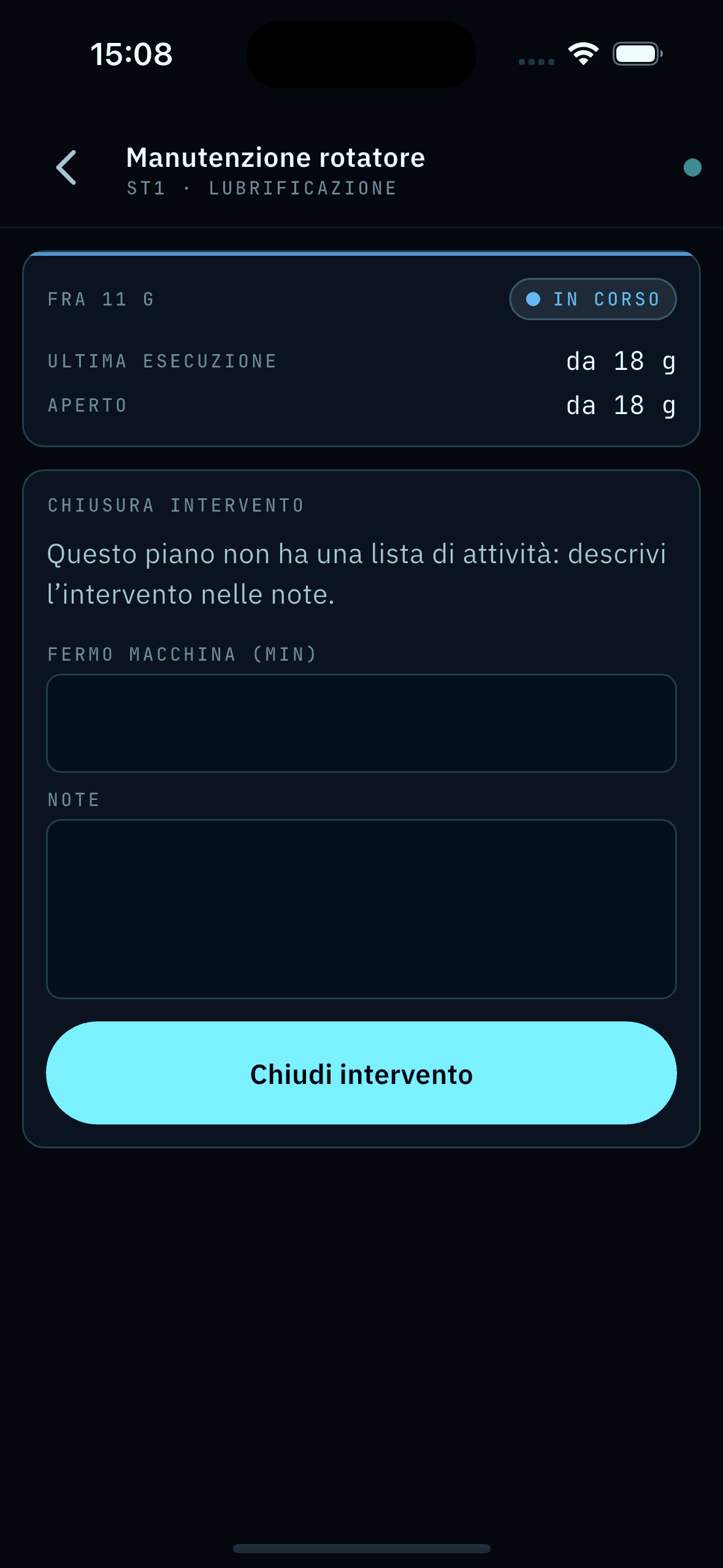 ARIA MES/SCADA dal telefono — piano di manutenzione della stazione ST1 in corso, con i campi per il fermo macchina, le note e il pulsante di chiusura dell'intervento