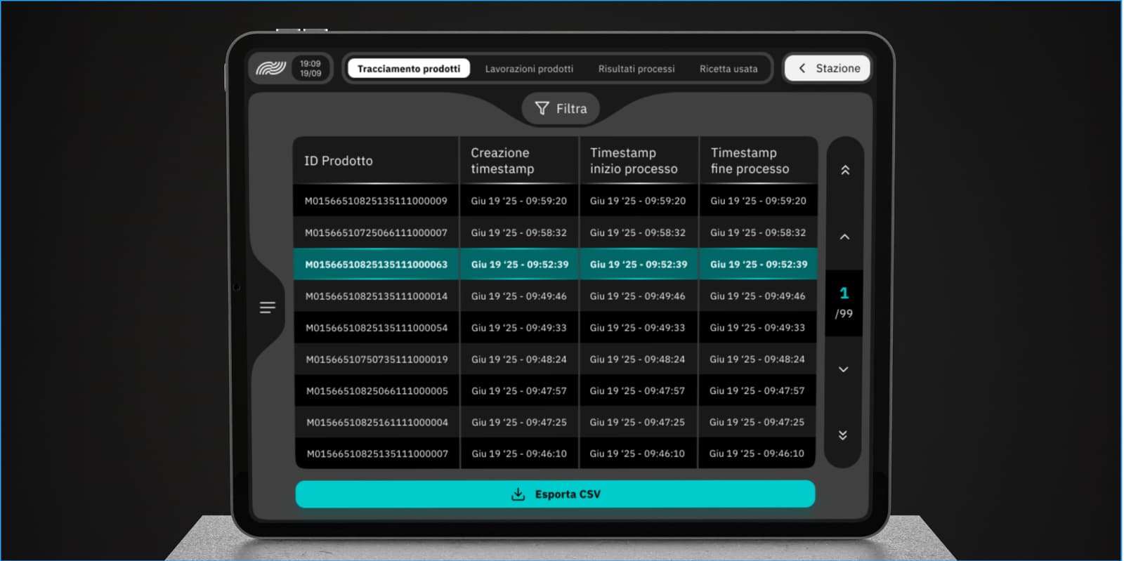 ARIA HMI on tablet — Part traceability tab with product ID and creation/start/end timestamps, CSV export