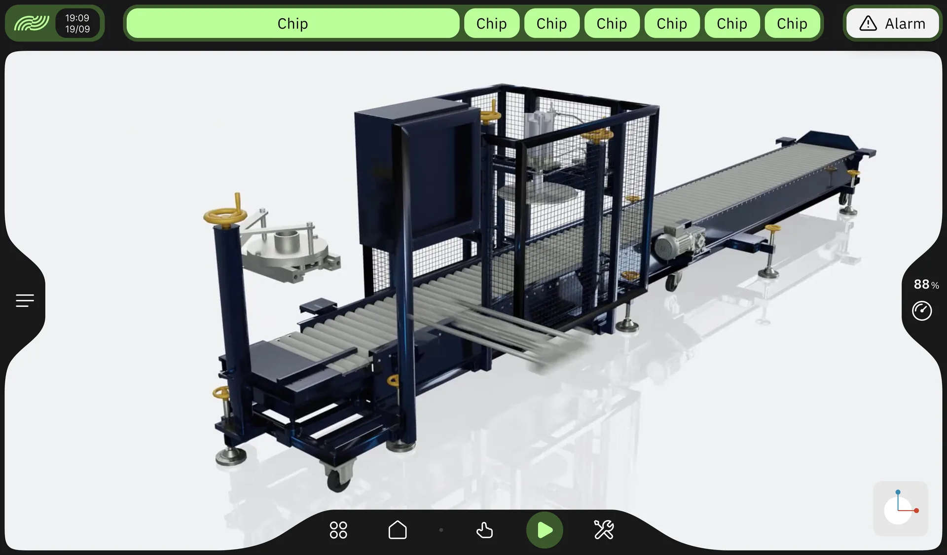 ARIA HMI — full-screen 3D station viewer with the machine model and navigation controls
