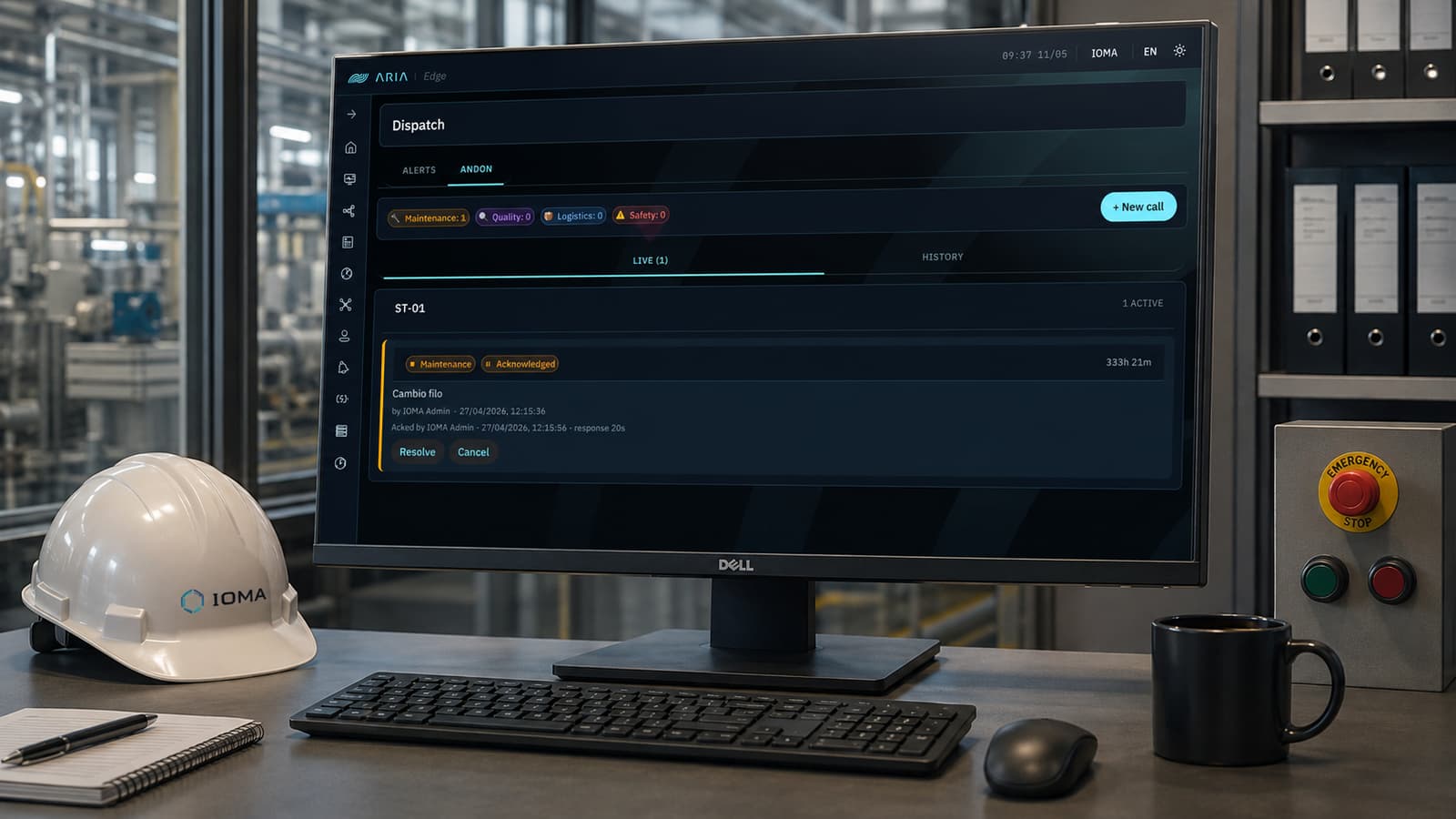 ARIA MES/SCADA — Andon dispatch with Maintenance/Quality/Logistics/Safety categories, live event list with station, status, cause, and response time