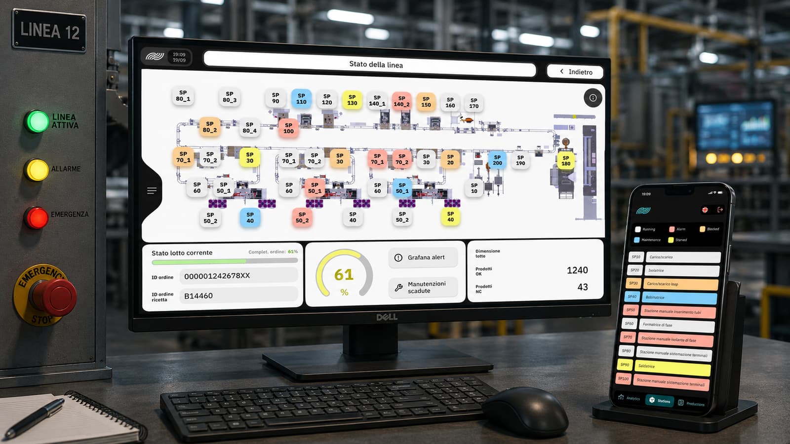 ARIA MES/SCADA — Line Status screen with plant layout, OEE KPIs, current batch/recipe, and mobile-app mirror