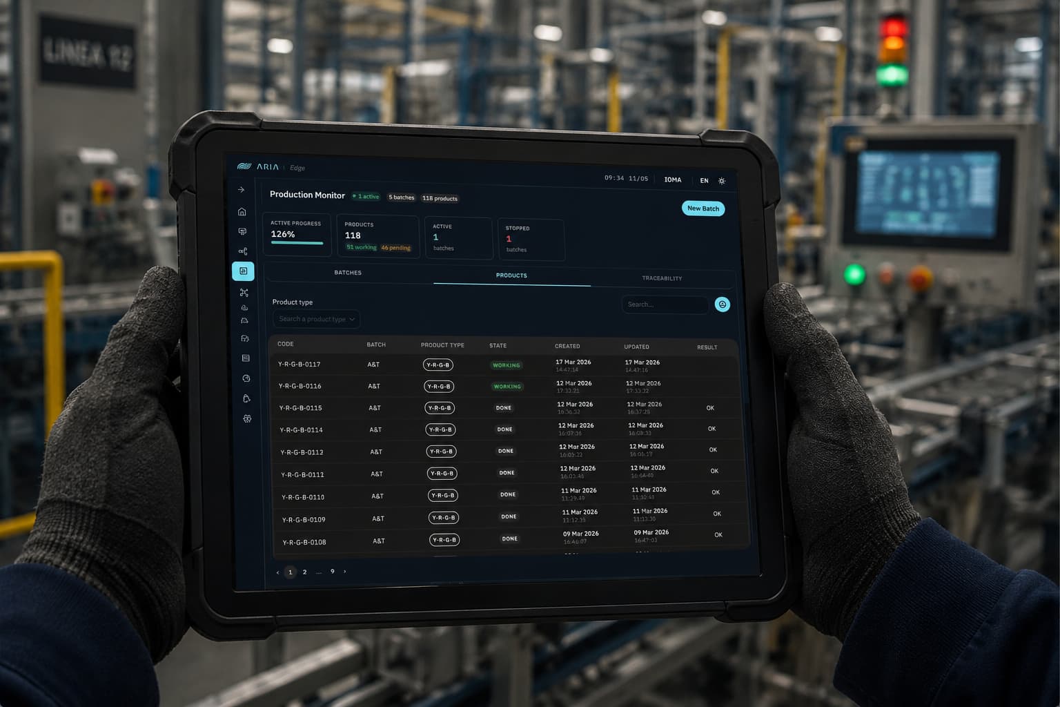 ARIA MES/SCADA — Production Monitor with line KPIs (active progress, parts, batches) and product table with code, batch, status, and timestamps