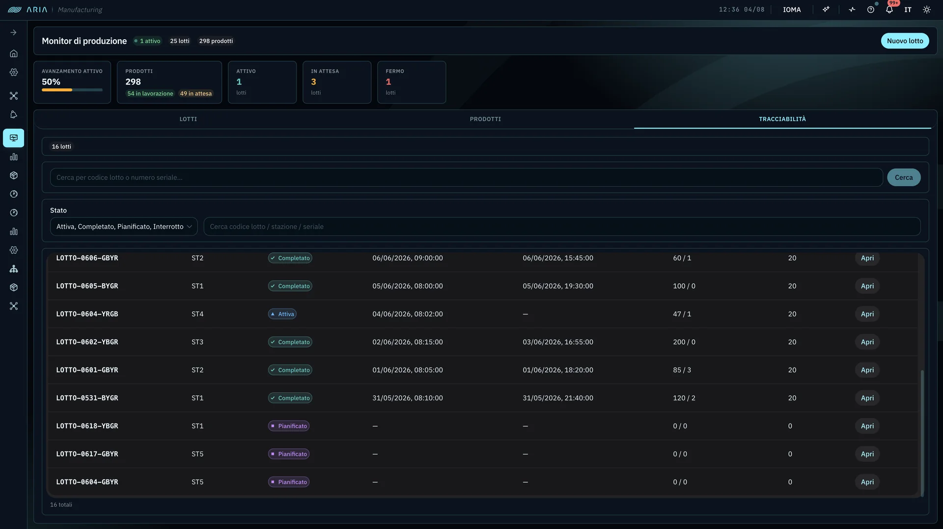ARIA Track — Traceability tab of the production monitor: batch list with state, station, processing start and end, good and scrap counts, and search by batch code or serial number