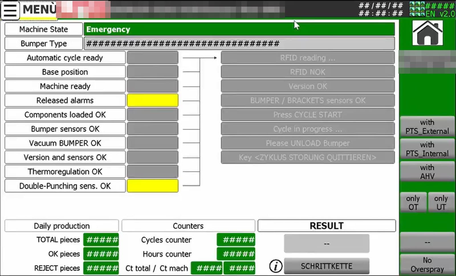 The machine's Comfort operator panel: status tables, hash-mark counters, and a side menu of buttons
