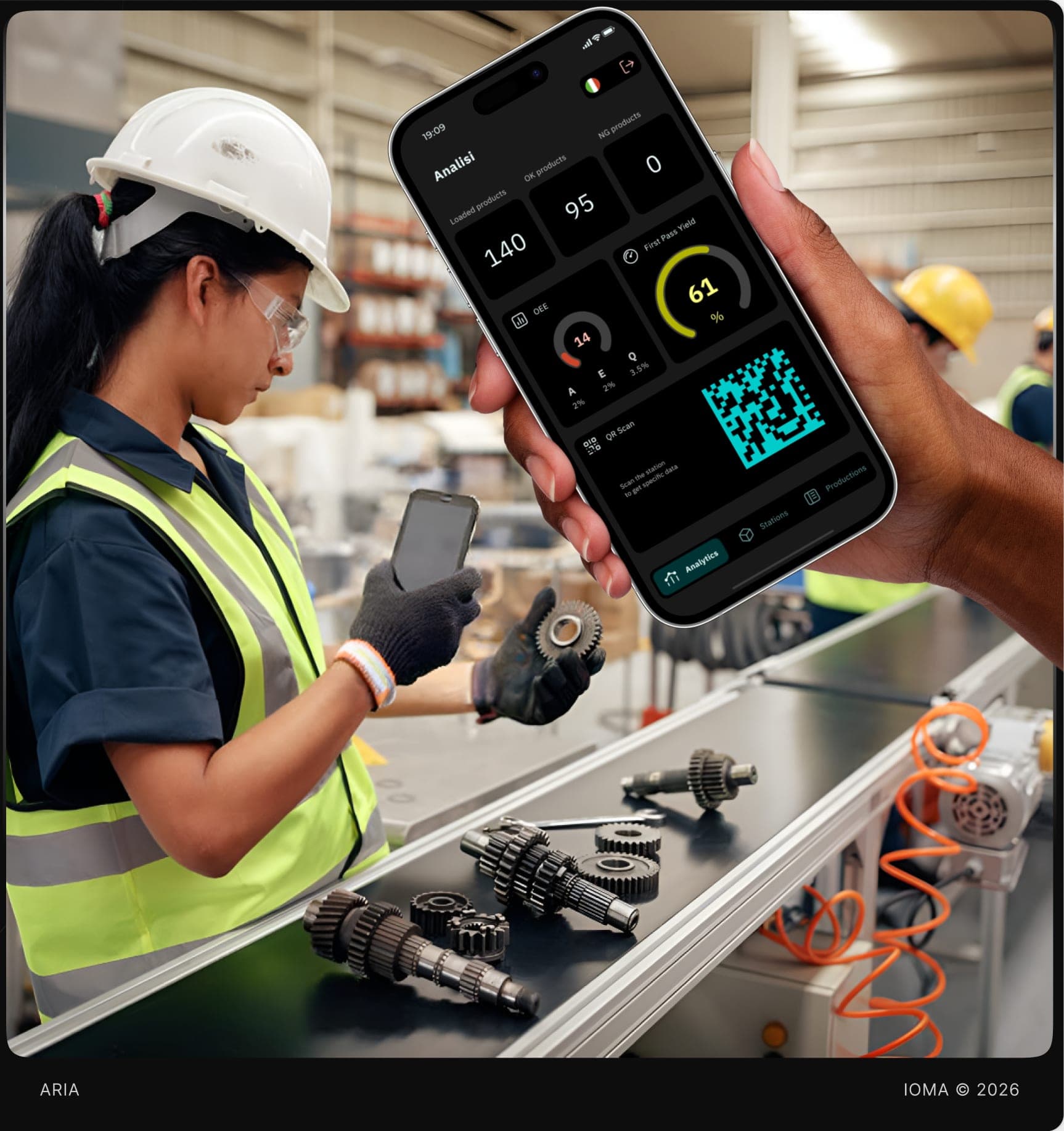 Line operator scanning a component while a second one checks station KPIs on ARIA mobile