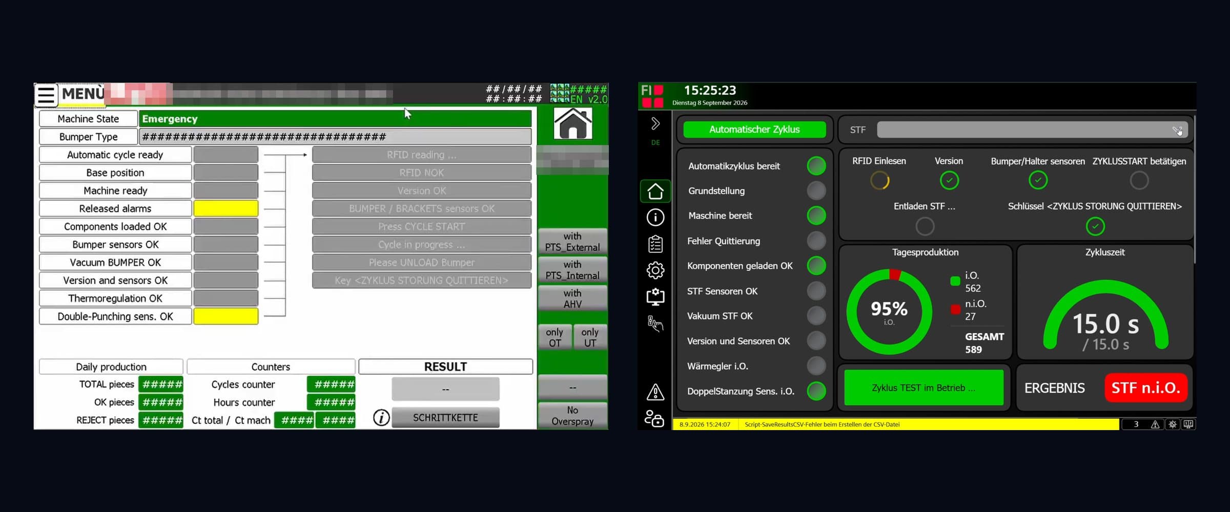 The machine's operator panel before and after migration: WinCC Comfort on the left, WinCC Unified on the right