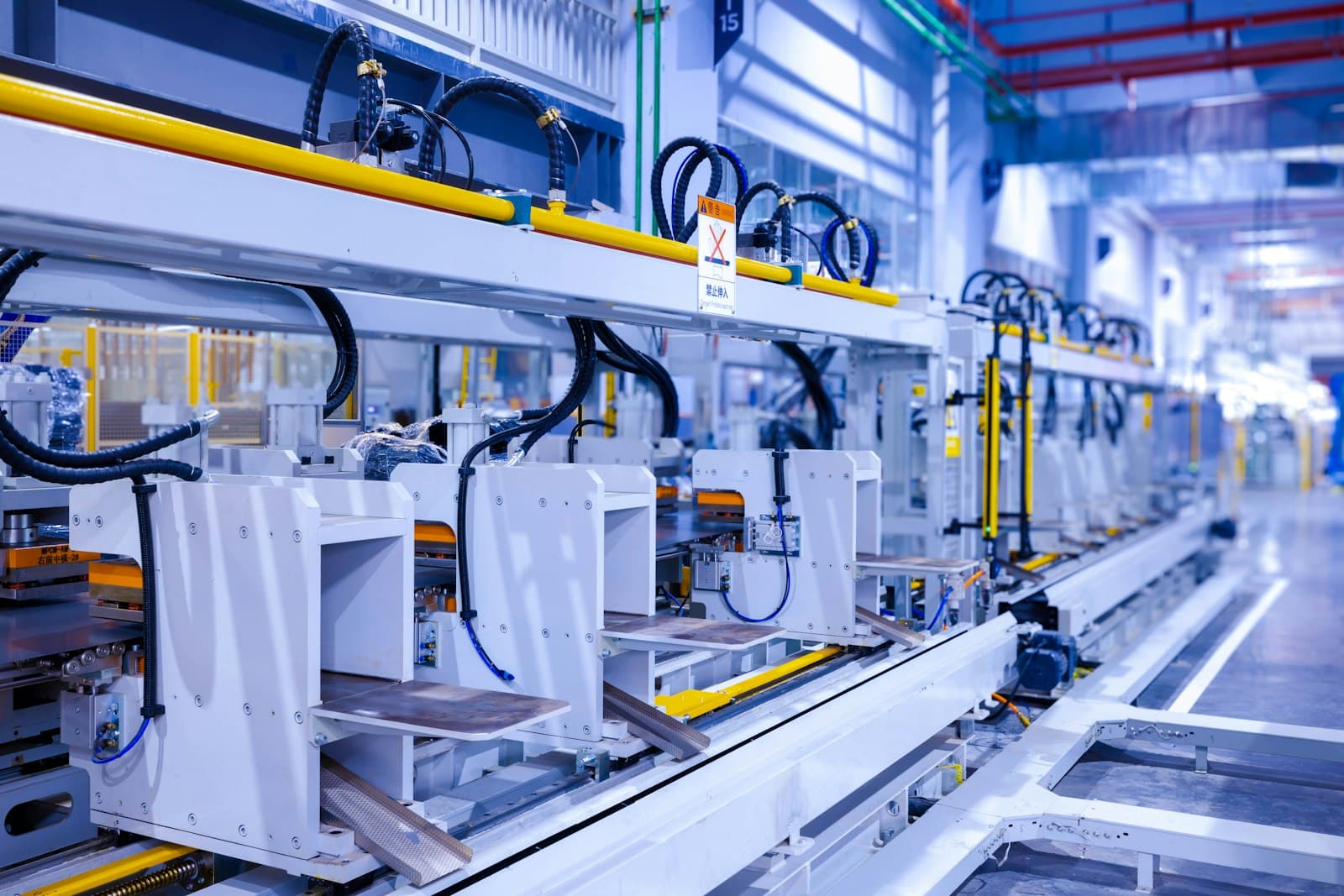 Multi-station production line with automated machines arranged along an industrial corridor