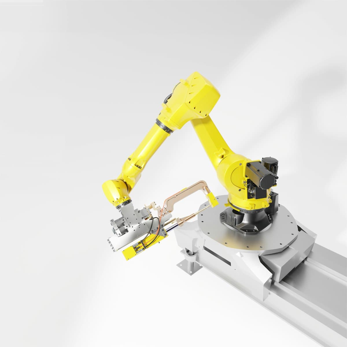 Yellow industrial robotic arm with a machining end-of-arm tool