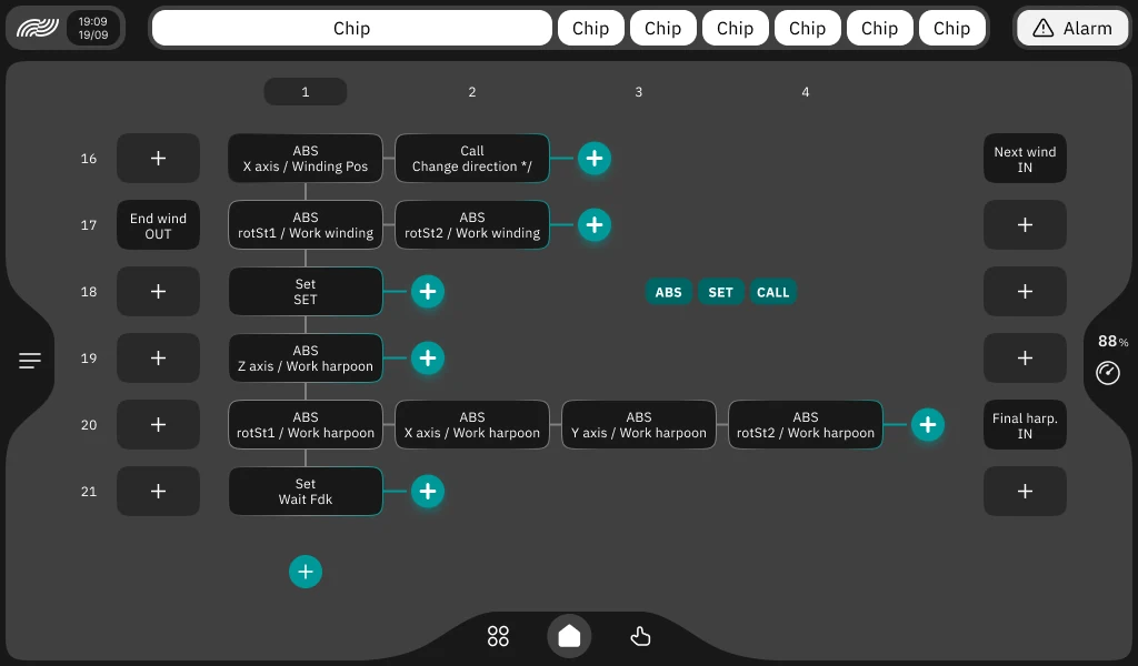 ARIA HMI — visual recipe sequence editor with steps as move, set and call blocks and parallel branches side by side