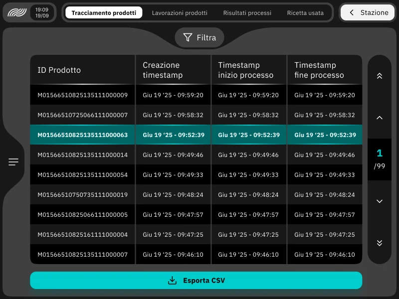 ARIA HMI — Part traceability tab with the product ID table and creation, process start and process end timestamps, with CSV export