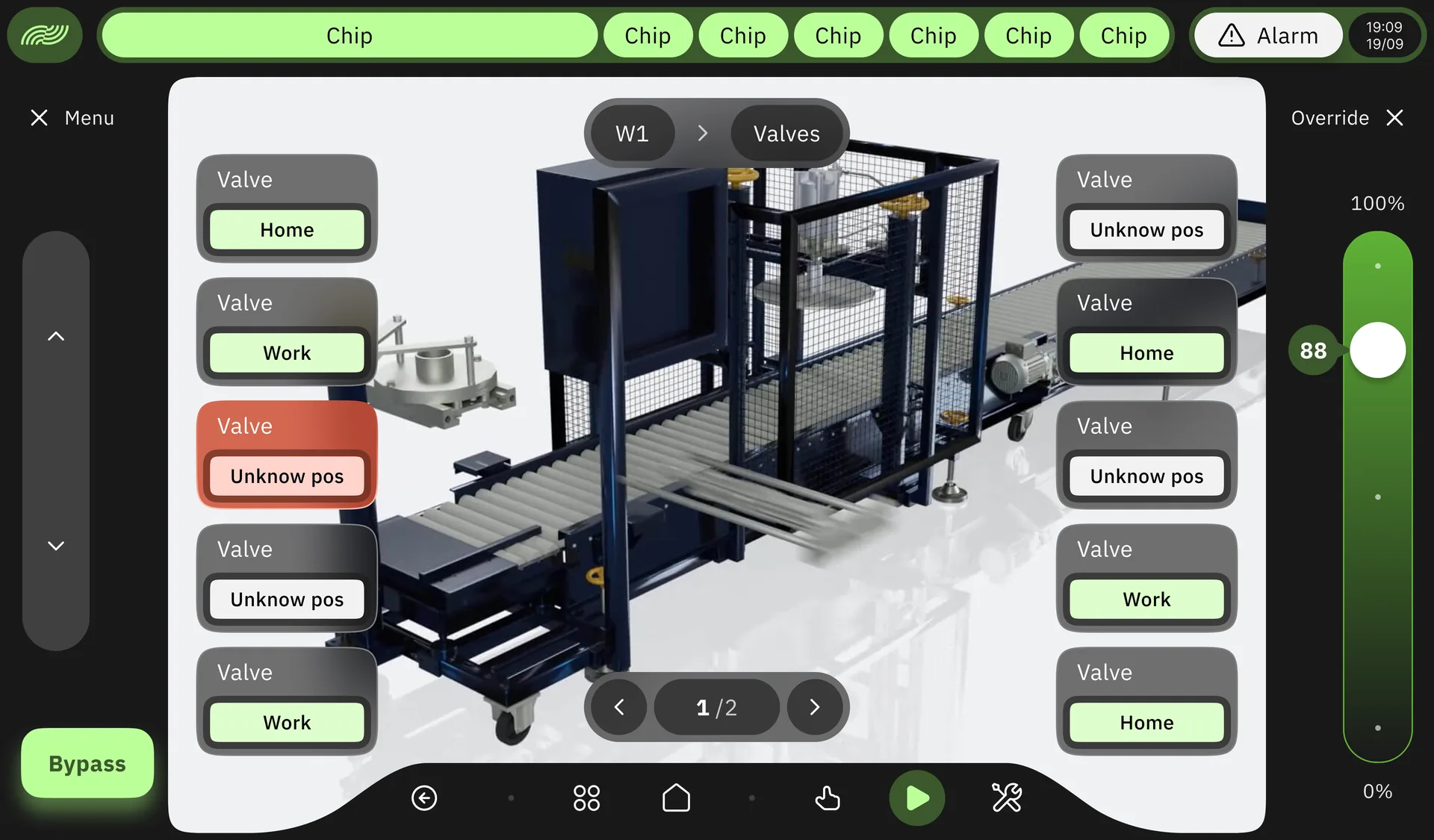 ARIA HMI — station valve status: one card per actuator showing home, work, or unknown position, with unconfirmed positions highlighted